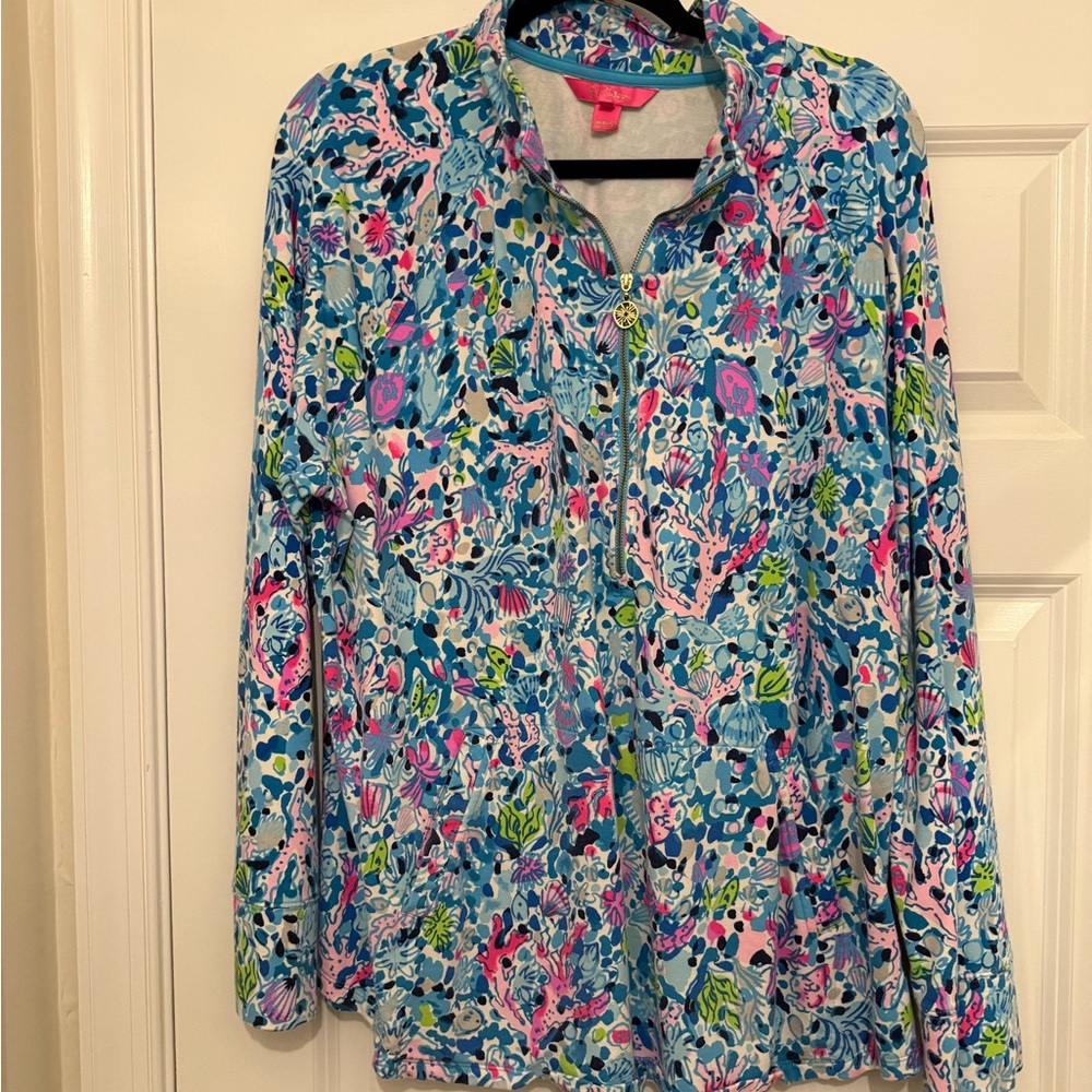 Lilly Pulitzer Blue and Pink Graphic Blouse with Mandarin Collar